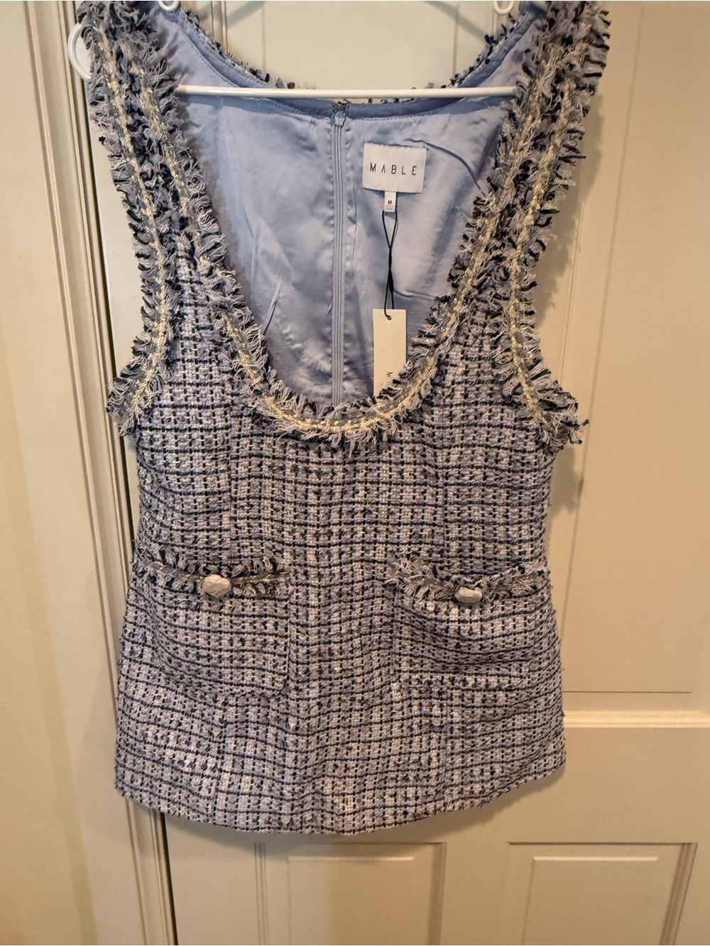 NWT MABLE Light Blue Tweed Fringe Mini Dress Medium
